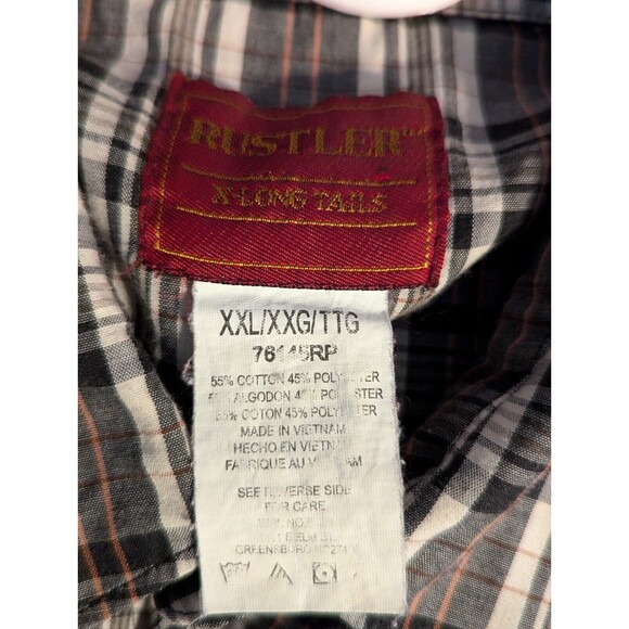 VTG Rustler X-Long Tails Western Shirt Mens 2XL Black White Plaid Pearl Snap - Picture 5 of 6